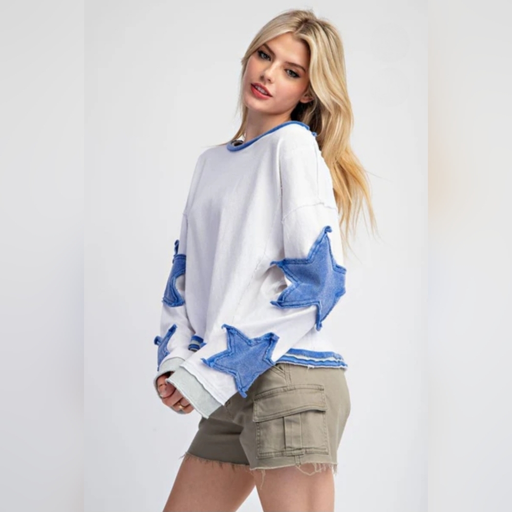 Eesome Mineral Washed Blue Star Embroidered Top
